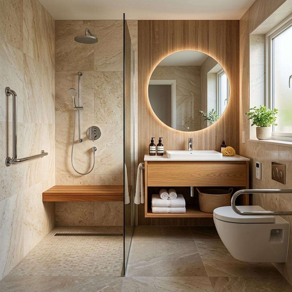 Bright, comfortable accessible bathroom after a full remodel
