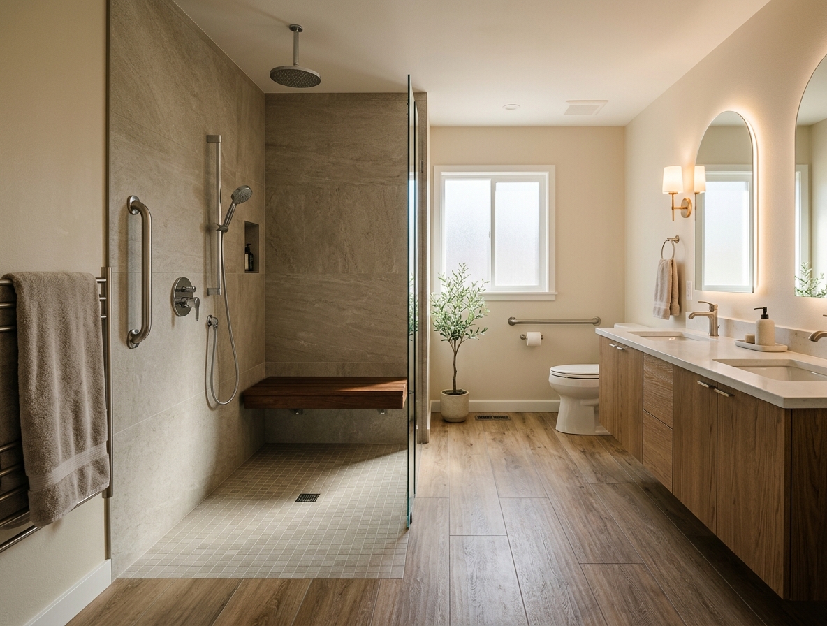 Fully remodelled accessible bathroom with a warm, residential finish