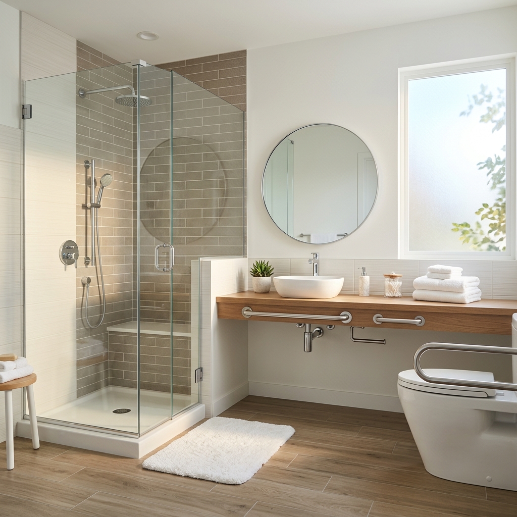 Bright accessible bathroom with a walk-in shower in natural daylight