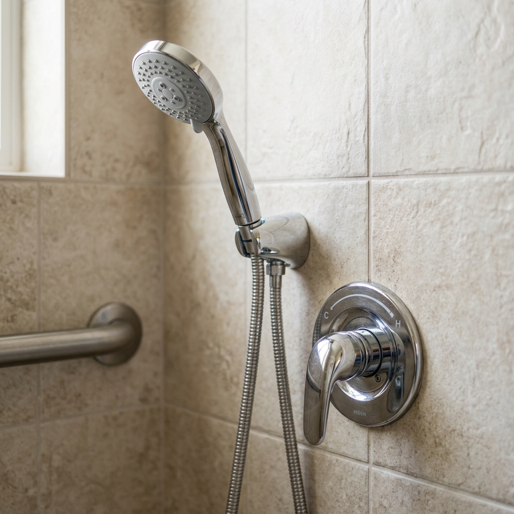 Detail of accessible shower features including a handheld showerhead and reachable controls