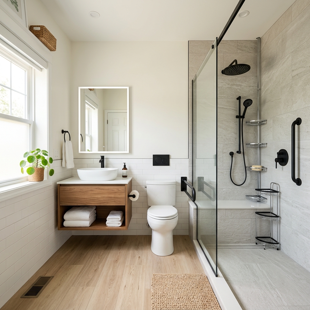 Bright accessible bathroom with a low-threshold walk-in shower in natural daylight
