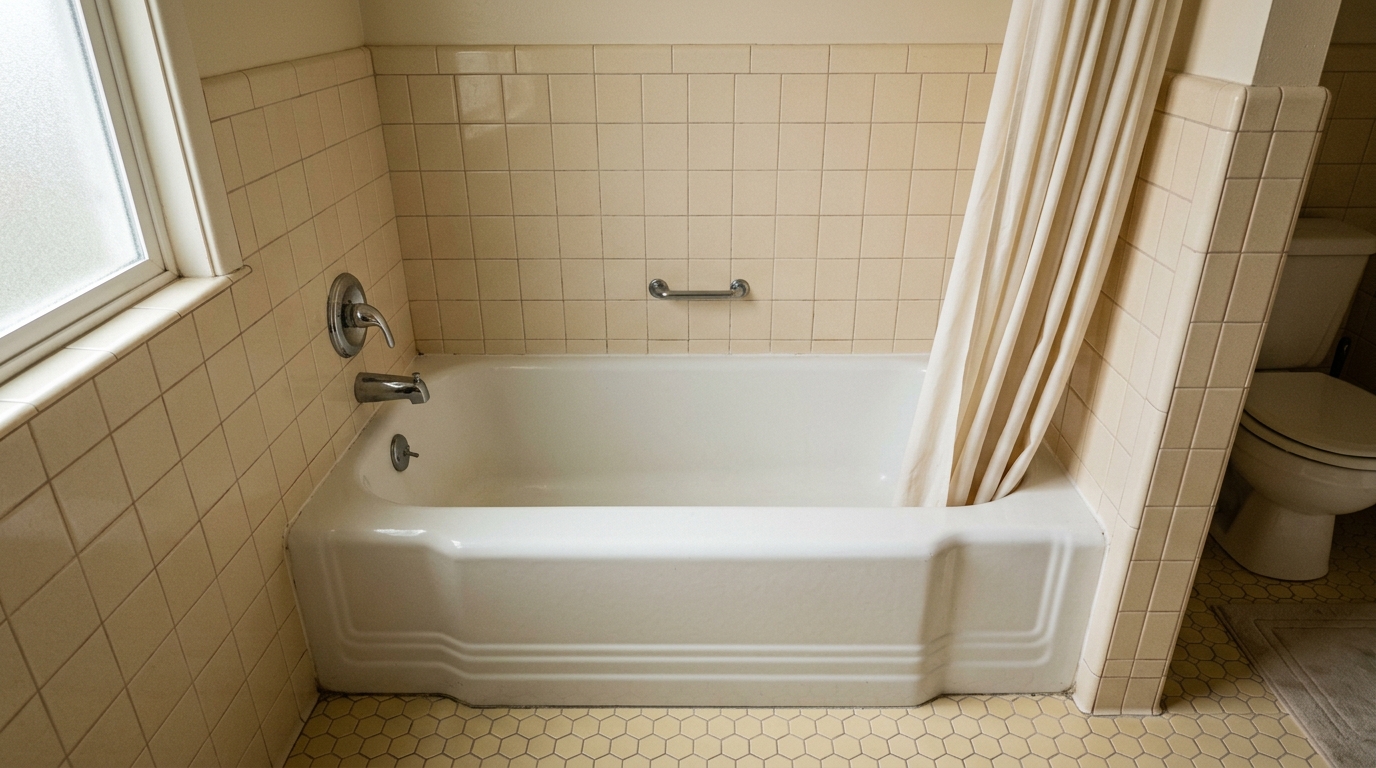 Before: standard bathtub with high sides that must be stepped over