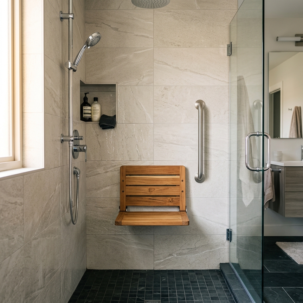 Built-in shower bench with a grab bar mounted within reach