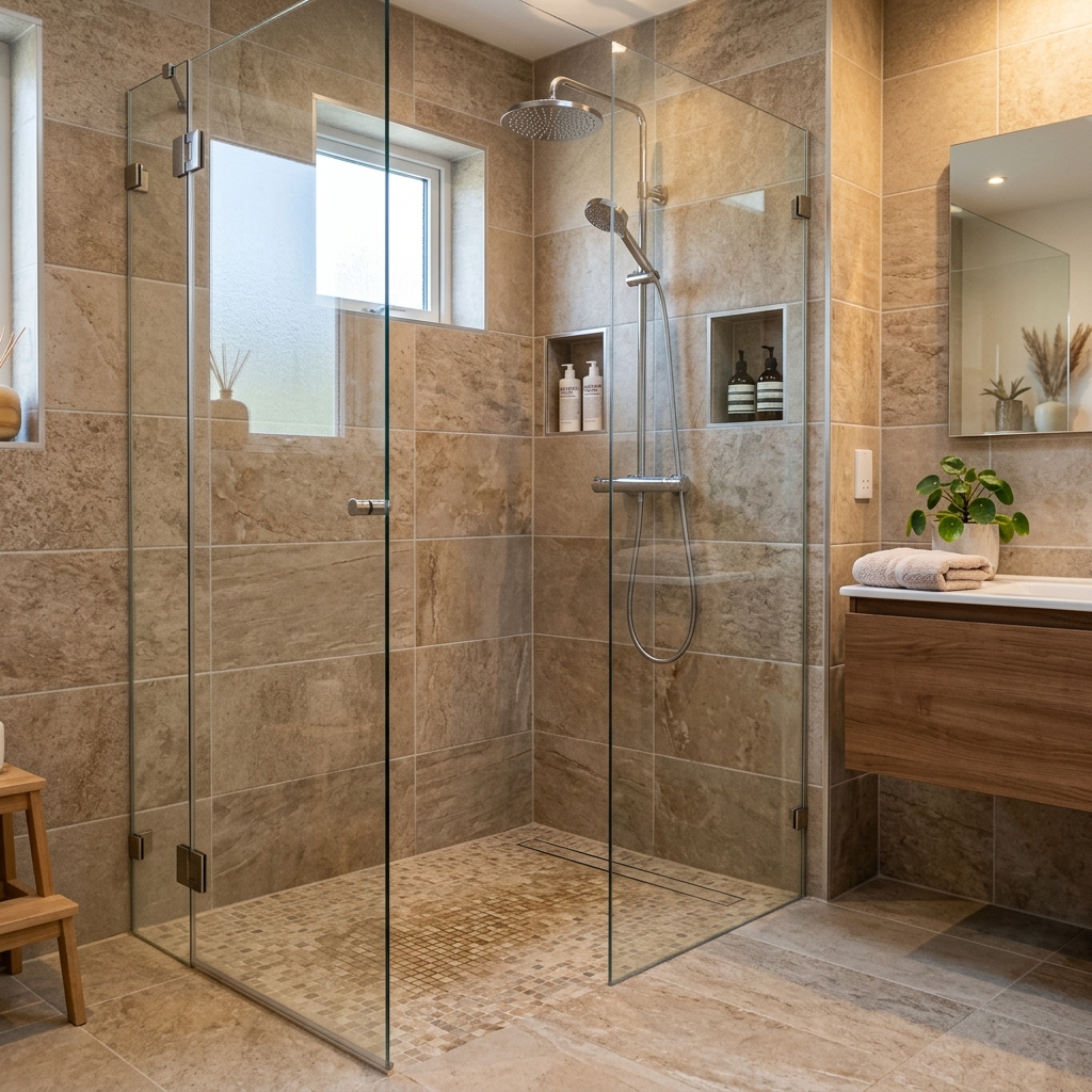 Low-entry shower installed in place of a bathtub after a tub-to-shower conversion