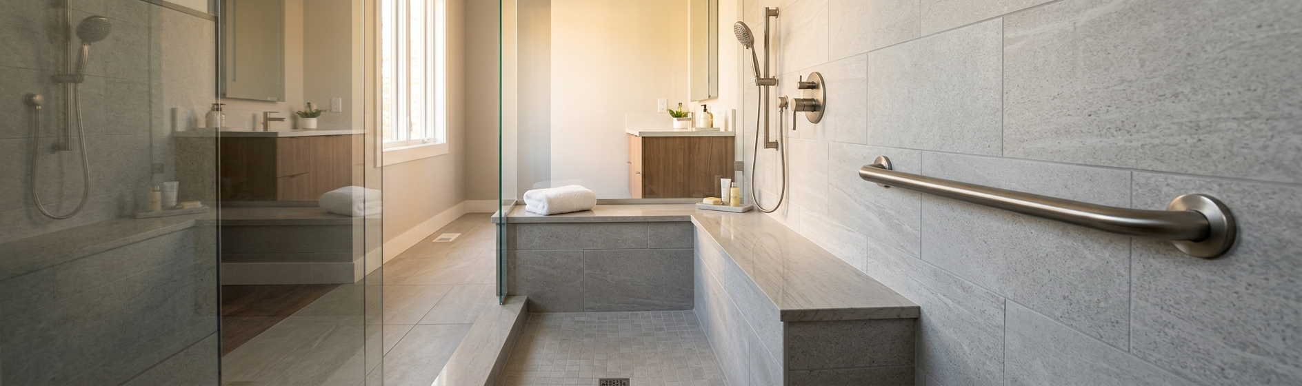 Walk-in shower with a built-in seat and a wall-mounted grab bar