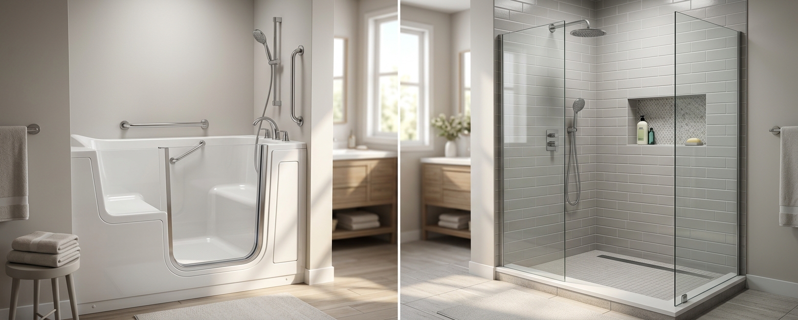 A walk-in tub and a walk-in shower positioned side by side