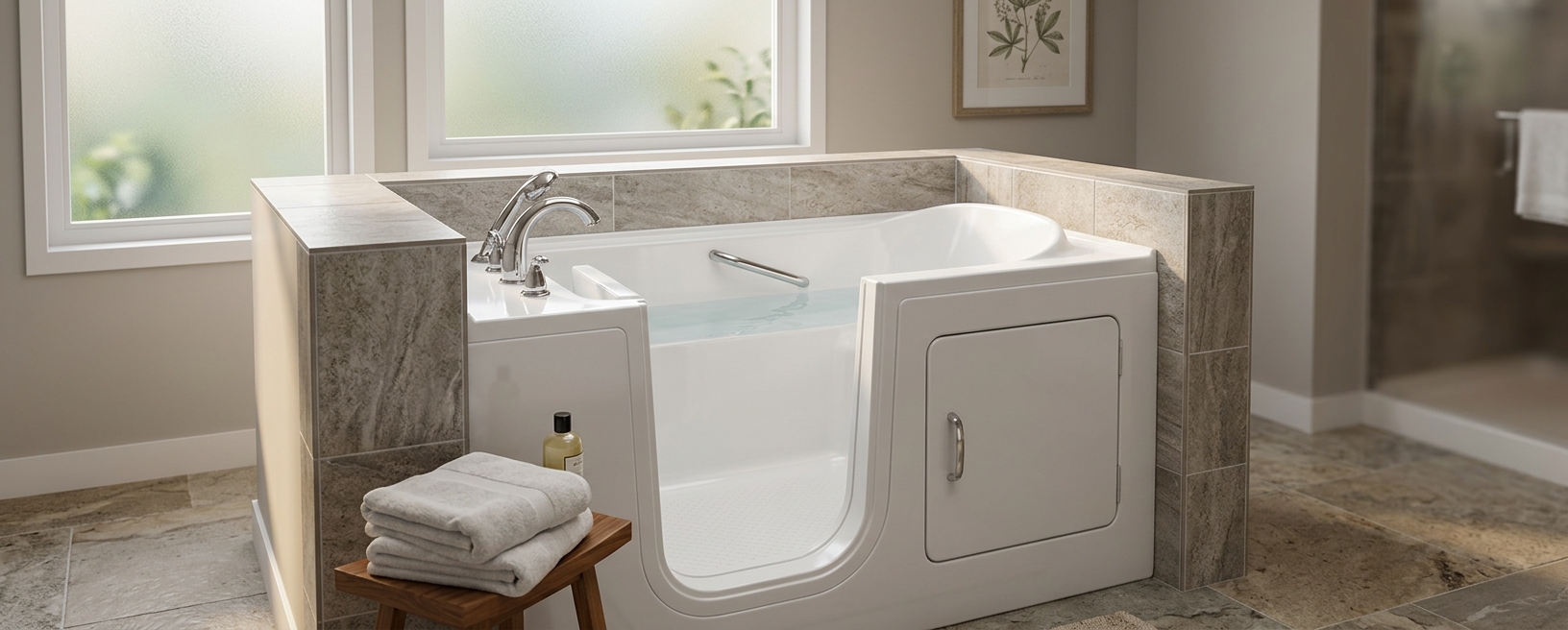 Walk-in tub installed in a residential bathroom