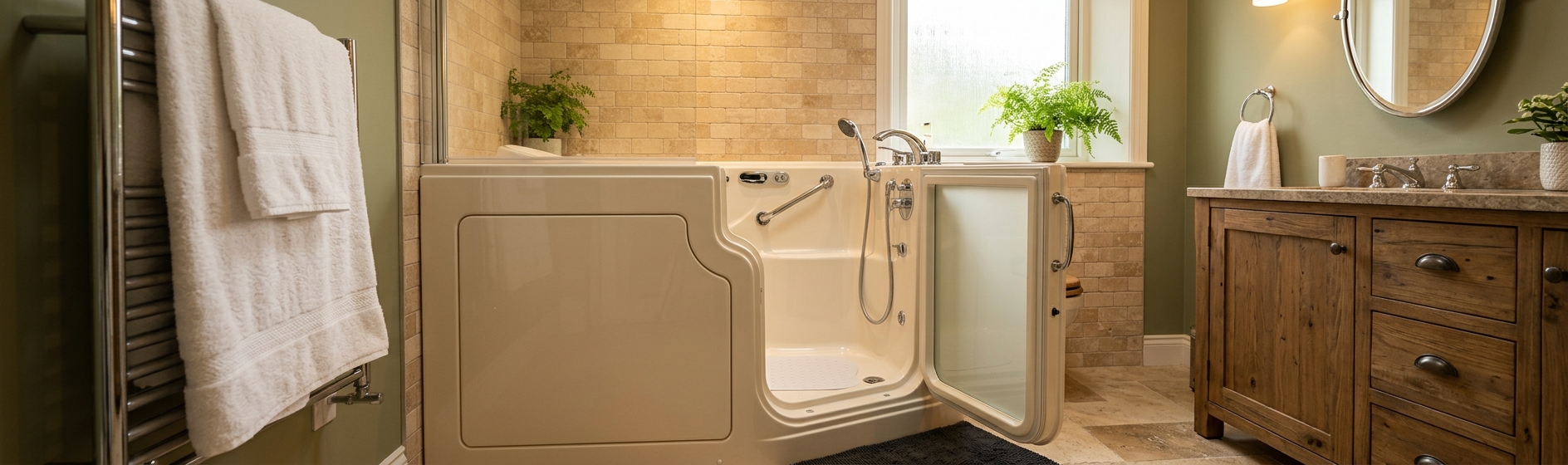 Walk-in tub with a watertight door in a warm residential bathroom
